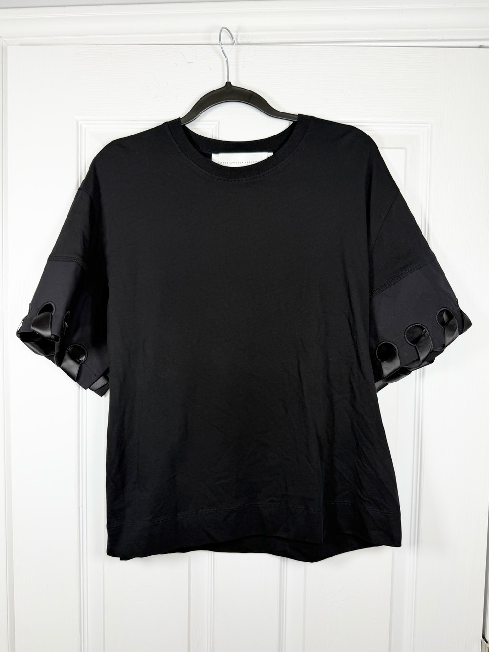 VICTORIA BECKHAM Size S • Black Satin Sleeve Detail Short Sleeve T Shirt Top. - Picture 2 of 6